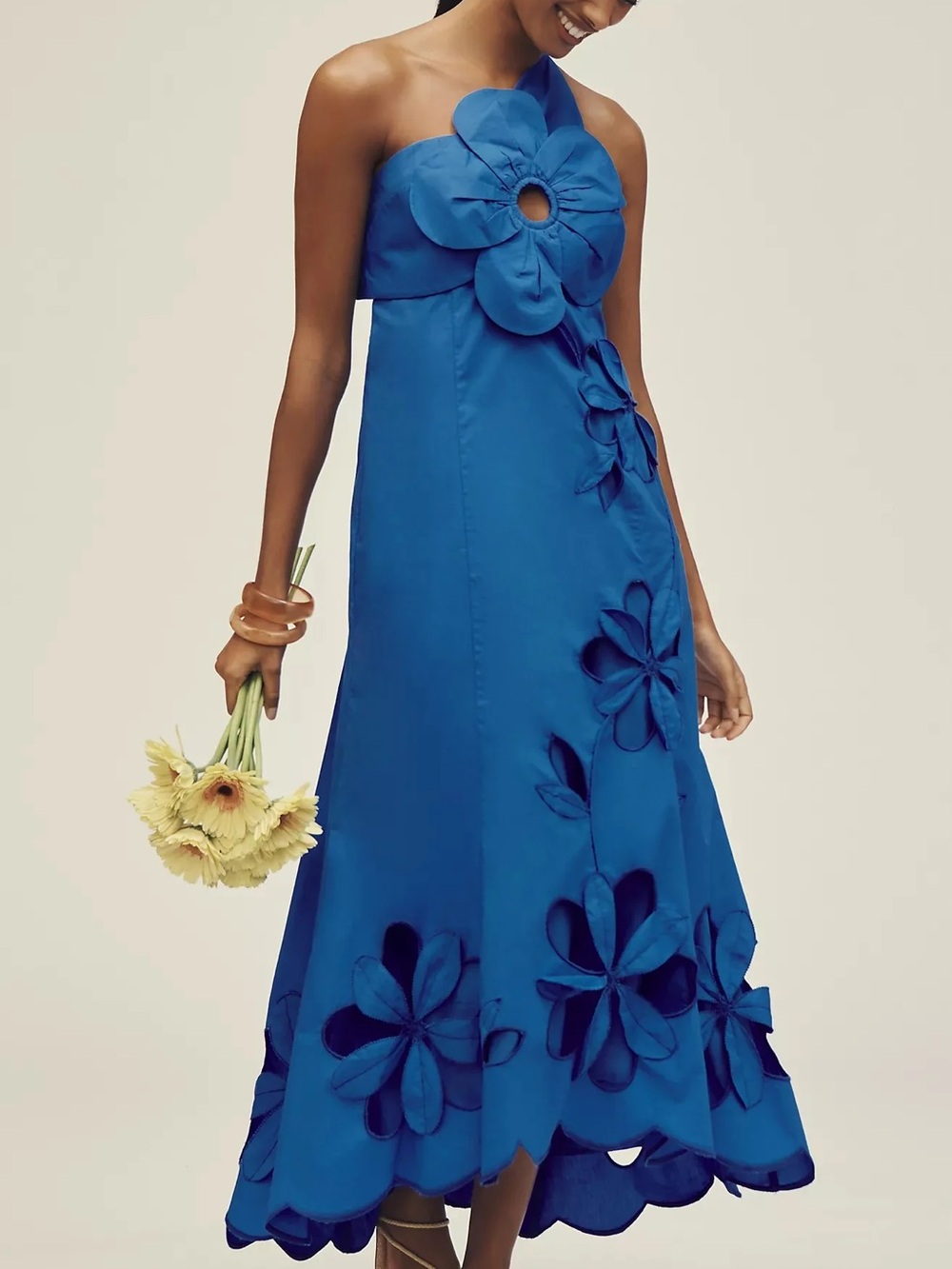 Anthropologie Strapless Blue Floral Appliqué Maxi Dress